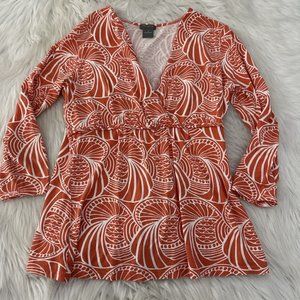 Ann Taylor womens Small geo pattern deep v neck blouse braided detail